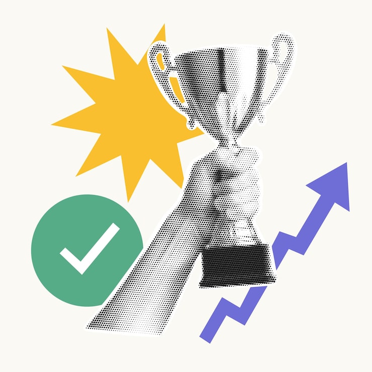 Vector collage moderno de mano sosteniendo trofeo con textura de semitonos