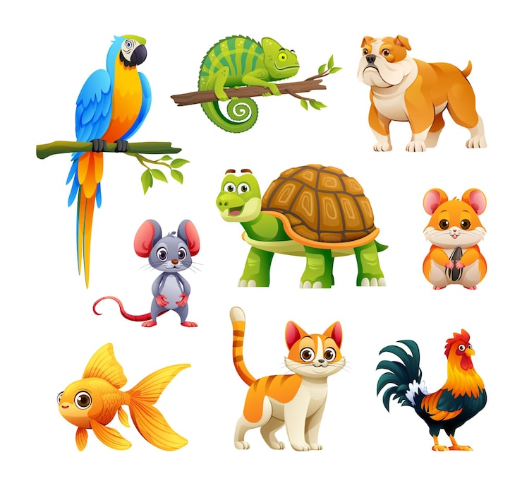 Vector conjunto de animales de compañía, incluido el camaleón, el hámster, el pez dorado y el gato ilustración de dibujos animados de vector