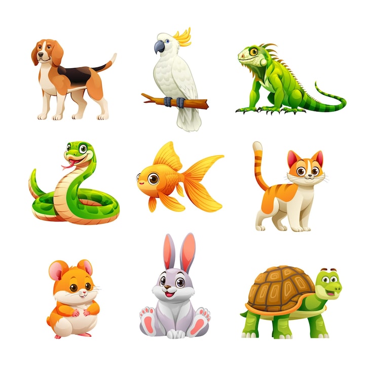 Vector conjunto de animales de compañía incluyendo perro iguana hámster y conejo ilustración de dibujos animados vectorial