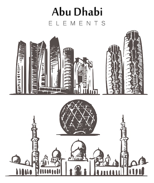 Vector conjunto de boceto de elementos de edificios de abu dhabi dibujados a mano.