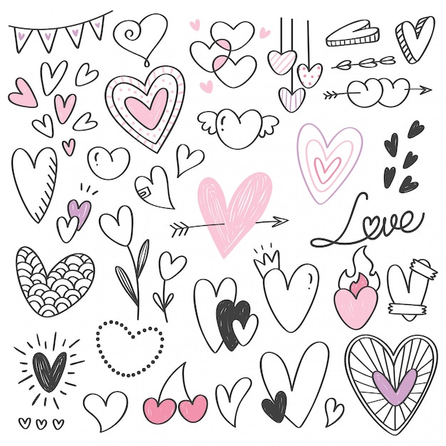 Vector conjunto de doodle de forma de corazón aislado en blanco