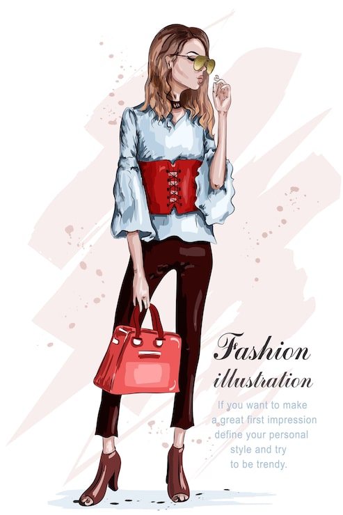 Vector dibujado a mano chica elegante en ropa de moda