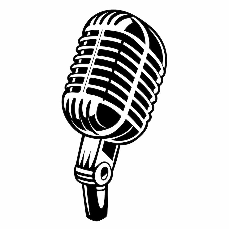 Vector un dibujo en blanco y negro de un micrófono con la palabra en él