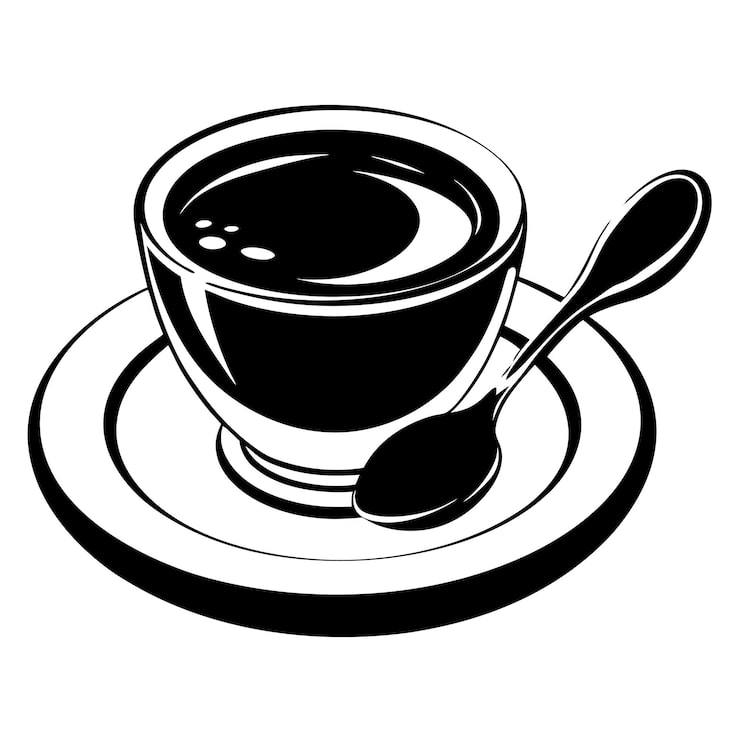 Vector un dibujo en blanco y negro de un tazón de sopa y cucharas