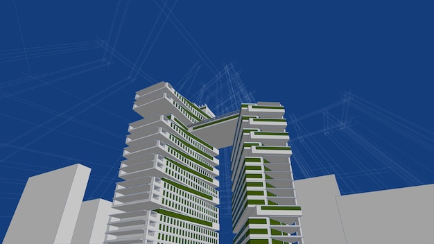 Vector dibujo de edificio arquitectónico ilustración 3d, líneas de perspectiva de edificio de arquitectura