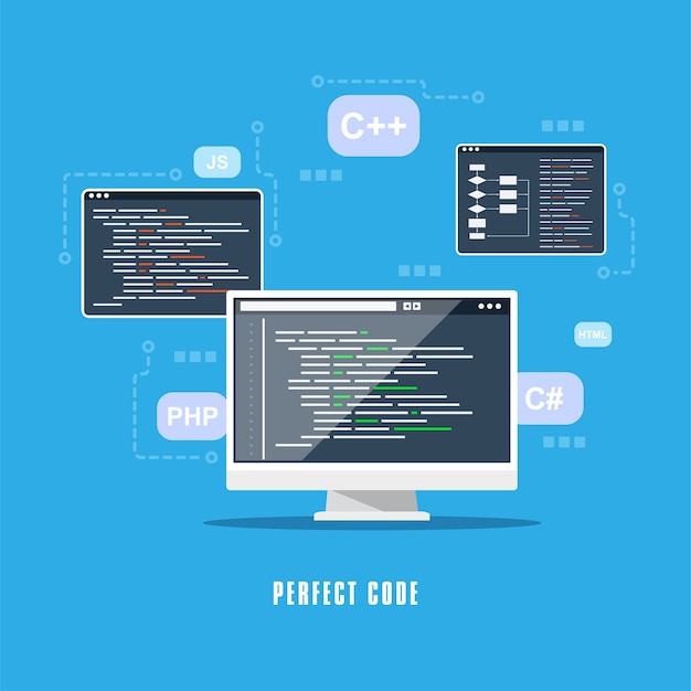 Vector diseño de estilo plano, codificación, programación, concepto de desarrollo de aplicaciones.