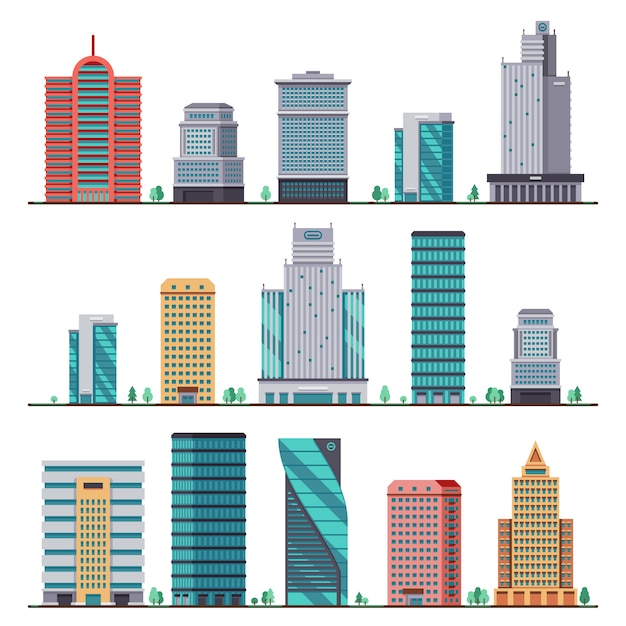 Vector edificios y casas modernas de la ciudad iconos planos. conjunto de edificio de oficinas de la ciudad.