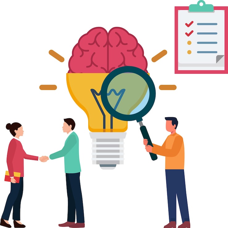 Vector el equipo de negocios verifica una nueva idea ilustración