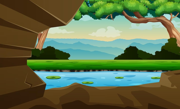 Vector escena de fondo con entrada a la cueva y vista al río.