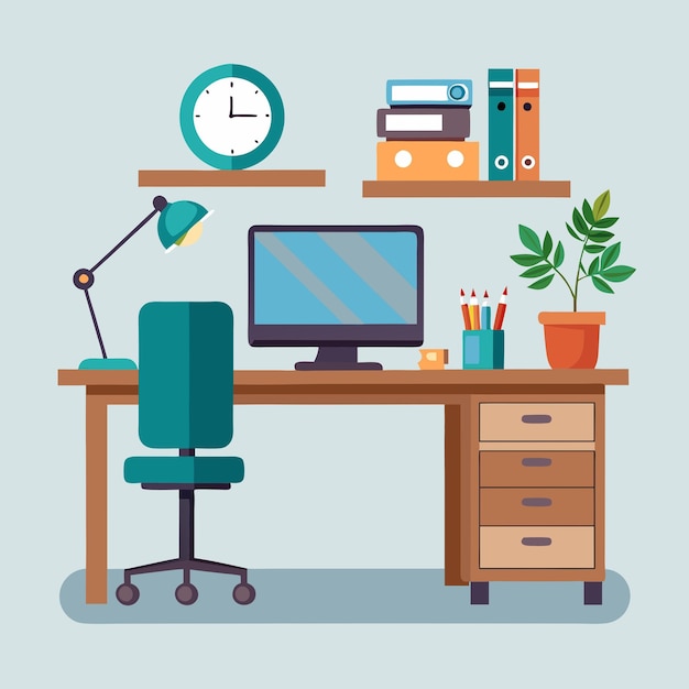 Vector un escritorio con una computadora y un reloj en él