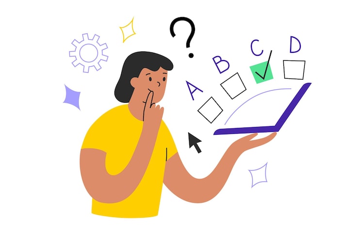 Vector estudiante realizando examen en línea eligiendo respuesta