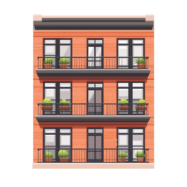 Vector fachada de edificio de apartamentos con balcones y jardineras