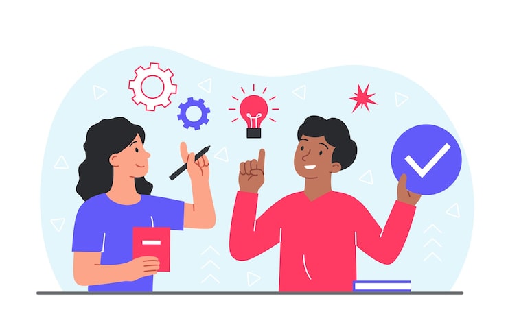Vector la gente que piensa en la chica ayuda al chico a pensar en ideas y a los empleados que buscan ideas.