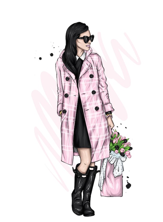 Vector hermosa chica en un abrigo y tulipanes