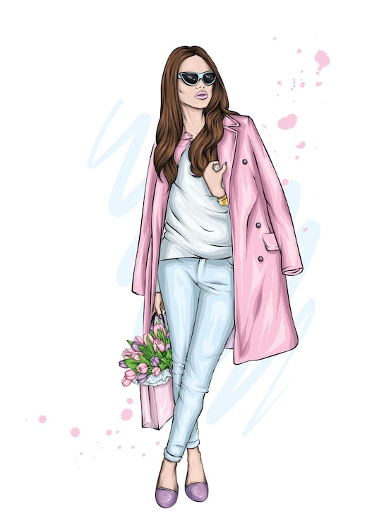 Vector hermosa chica con un elegante abrigo y tulipanes
