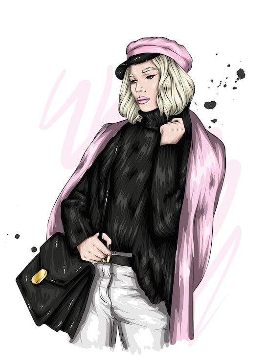 Vector hermosa chica en ropa elegante, moda y accesorios.