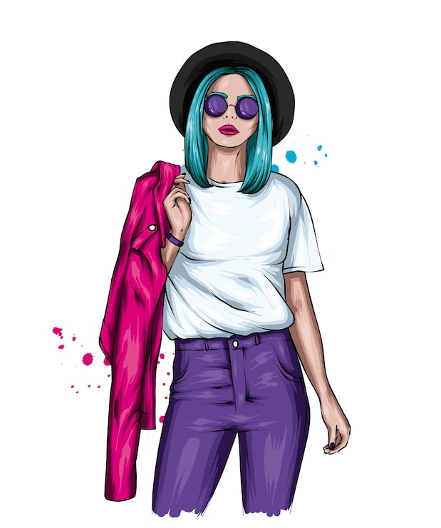 Vector hermosa chica en ropa elegante y sombrero