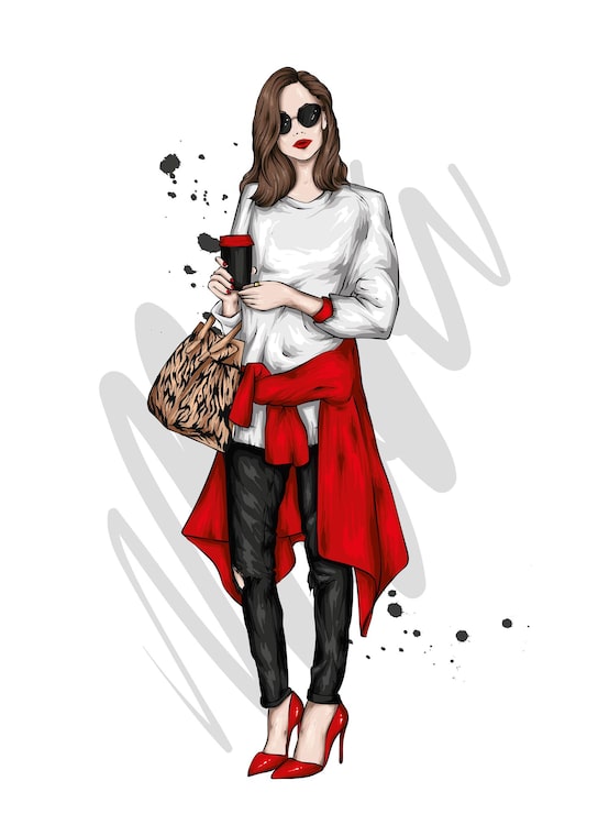 Vector hermosa chica con ropa elegante y un vaso de café