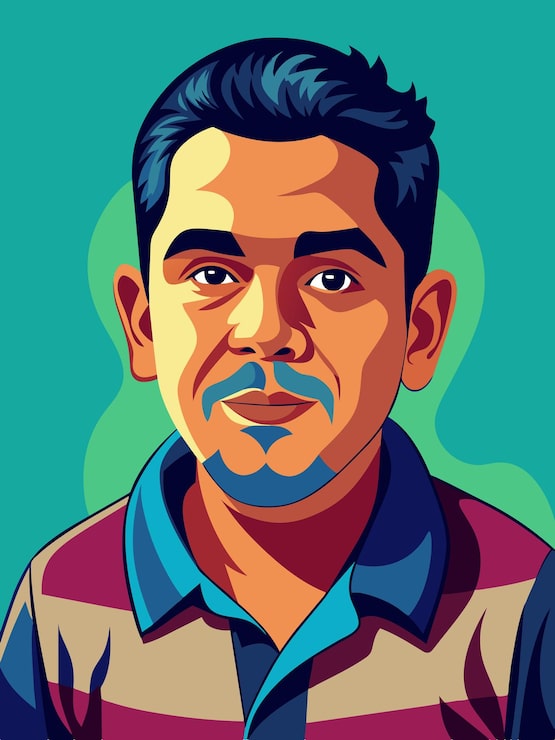 Vector un hombre con bigote y una camisa que dice "el nombre"