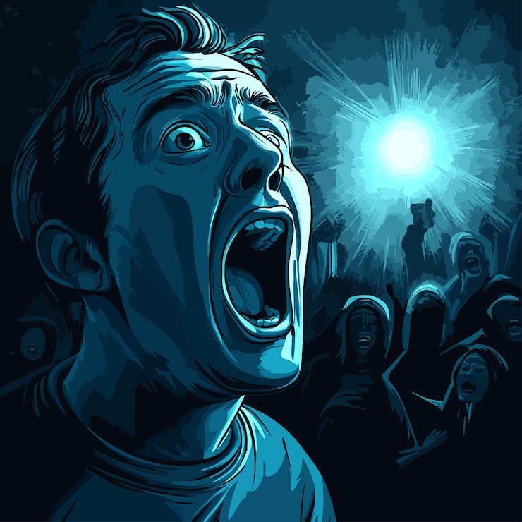 Vector un hombre de dibujos animados con una camisa azul está gritando a una multitud