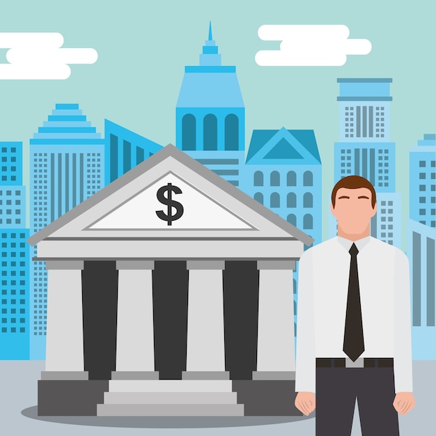 Vector hombre de negocios de pie en el edificio del banco