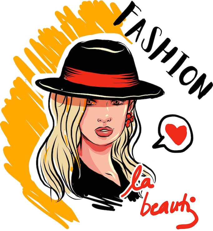 Vector icono de la moda: mujer elegante con sombrero rojo y cabello rubio