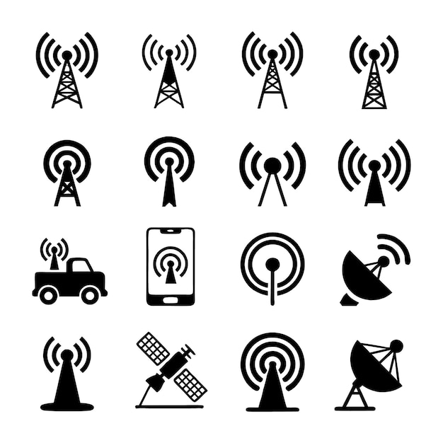 Vector iconos de antenas y señales de comunicación