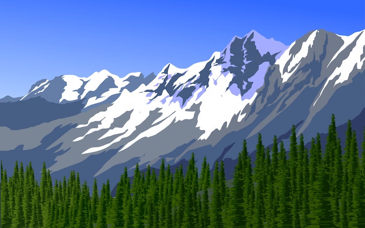 Vector ilustración de bosque de montaña y pinos