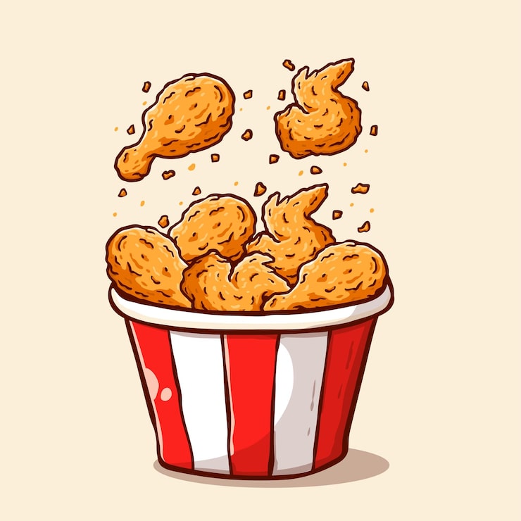 Vector ilustración de deliciosos trozos de pollo frito saliendo de un cubo, ideal para pegatina