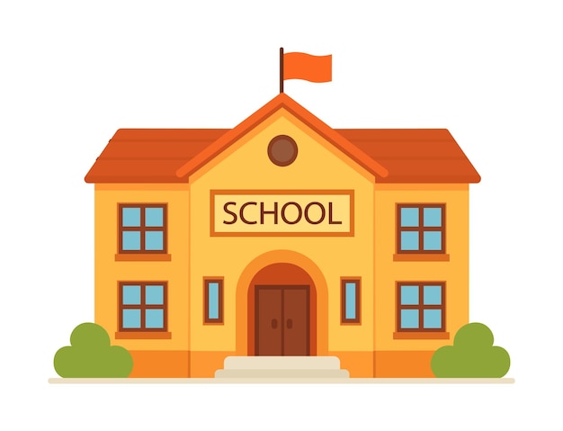 Vector ilustración de edificio escolar con bandera.
