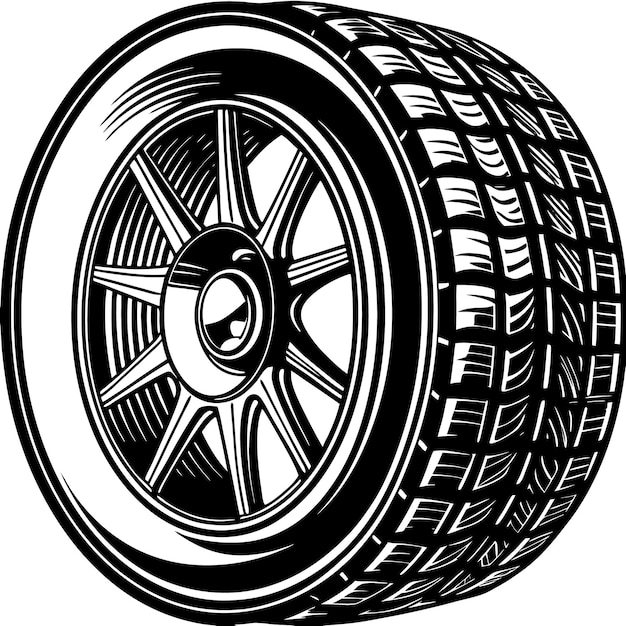 Ilustración de neumáticos y llantas de automóvil en blanco y negro