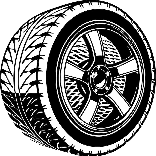 Ilustración de neumáticos y llantas de automóvil en blanco y negro