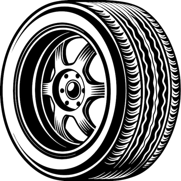 Ilustración de neumáticos y llantas de automóvil en blanco y negro
