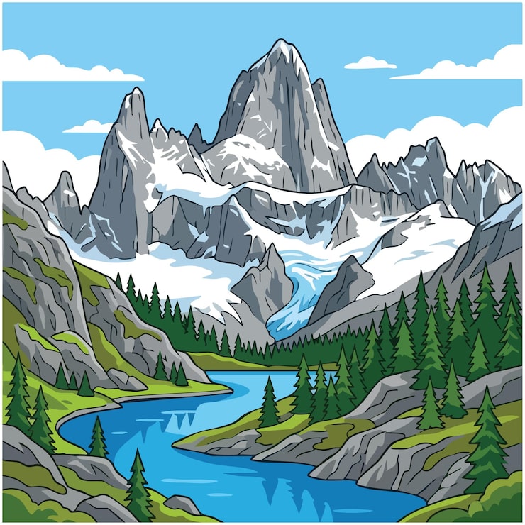 Vector ilustración de paisaje de montaña con lago y bosque.