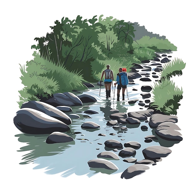 Vector ilustración de senderismo por el río