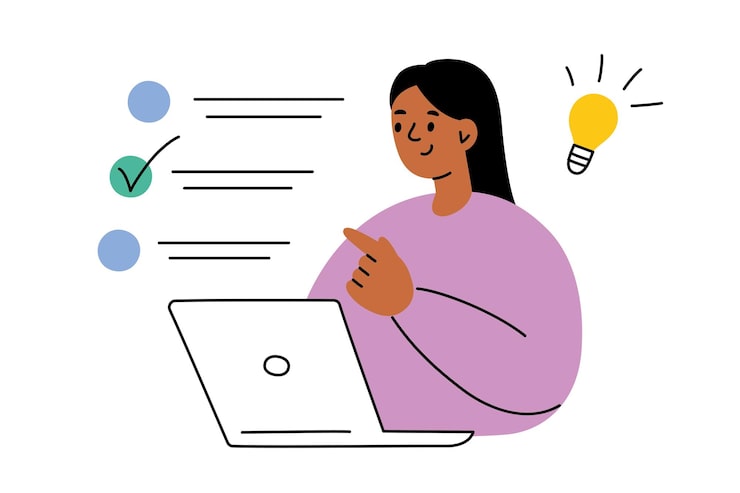 Vector ilustración vectorial de una estudiante tomando una prueba en una computadora portátil estilo dibujos animados plano educación en línea