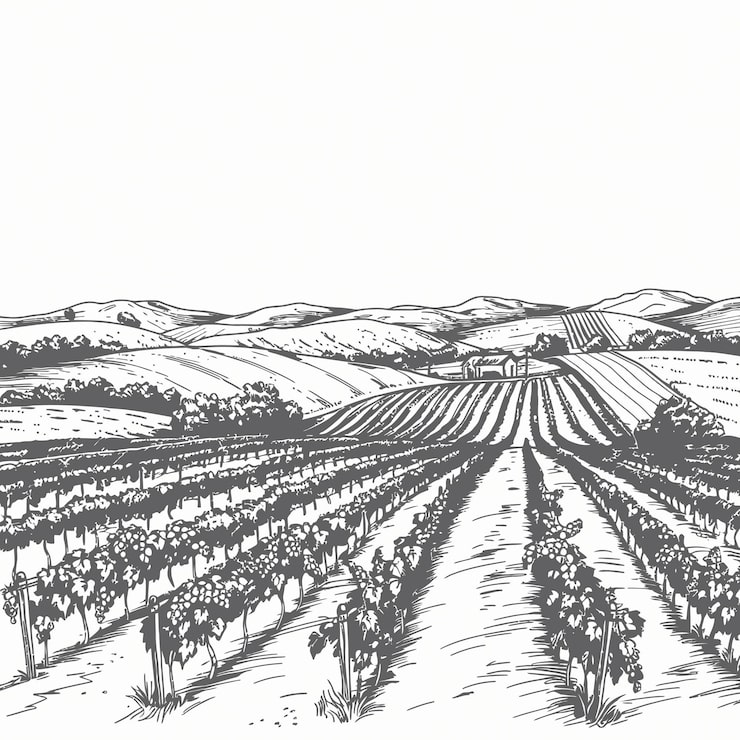 Vector ilustración de viña en blanco y negro con largas filas de vides en colinas onduladas dibujada a mano con ingenio