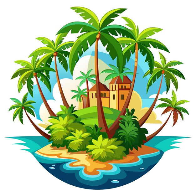 Vector isla tropical con palmeras y casas
