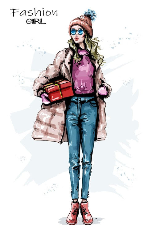 Vector look de invierno de chica de moda.