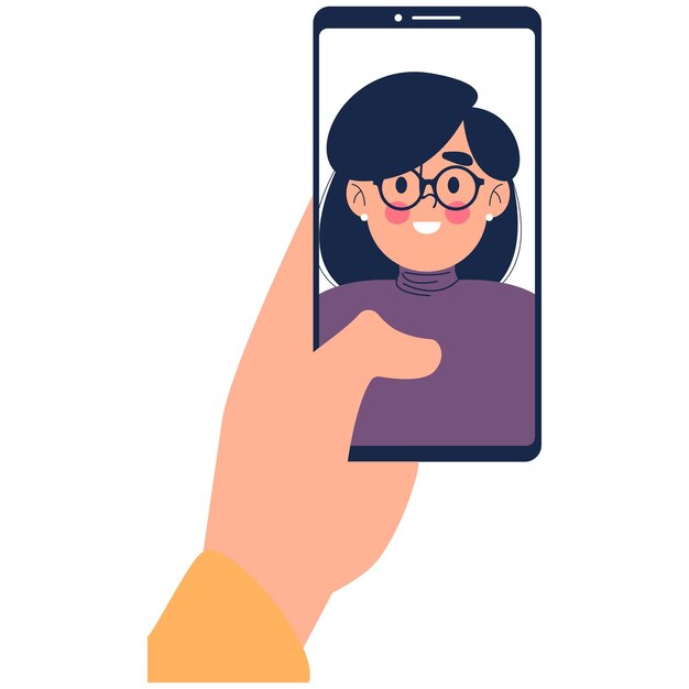 Vector una mano sostiene un teléfono con cara de mujer.