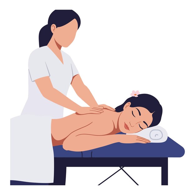 Vector masajista trabajando suavemente en la espalda de un cliente en una serena ilustración vectorial plana