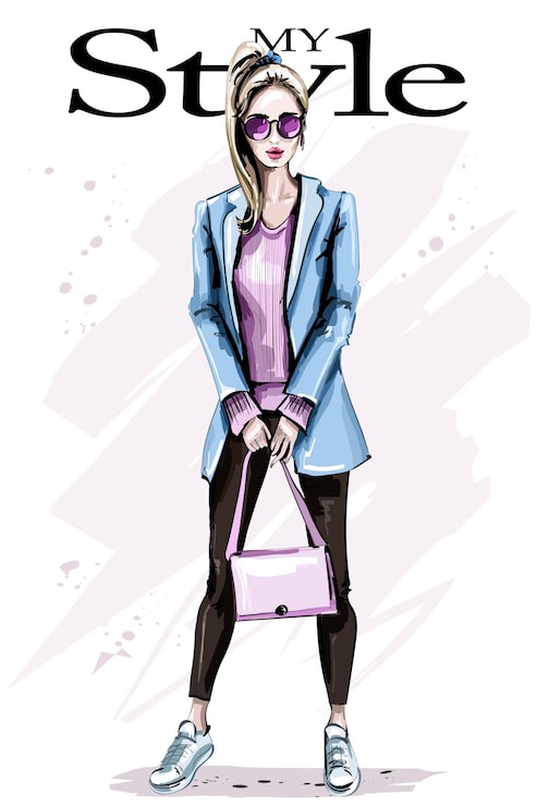 Vector mujer de moda con abrigo fresco con bolsa