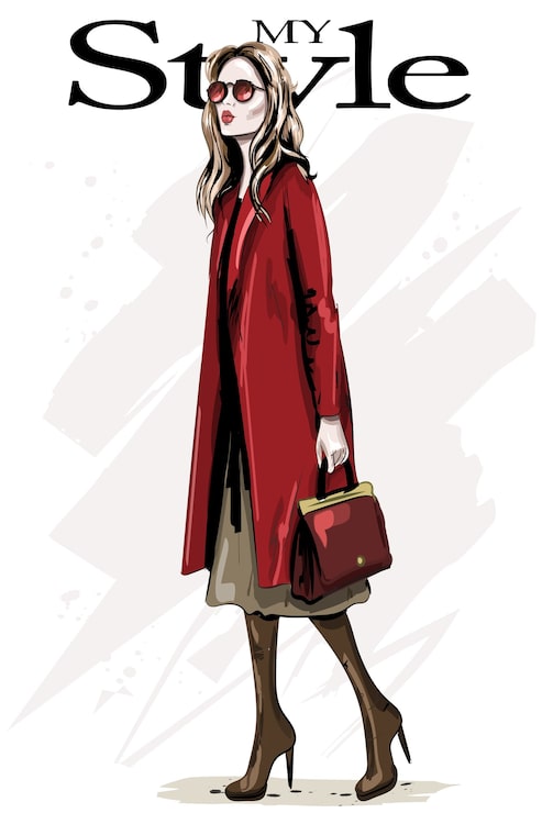 Vector mujer de moda en abrigo rojo