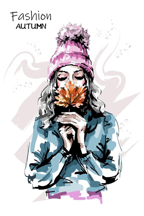 Vector mujer sosteniendo hoja de otoño aislada en blanco