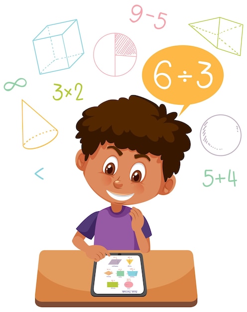 Vector niño aprendiendo matemáticas usando tableta