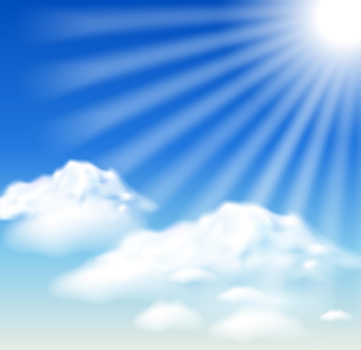 Vector nubes y rayos de sol en el cielo azul