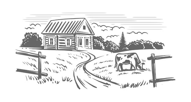 Vector paisaje rural agricultura granja vector vaca