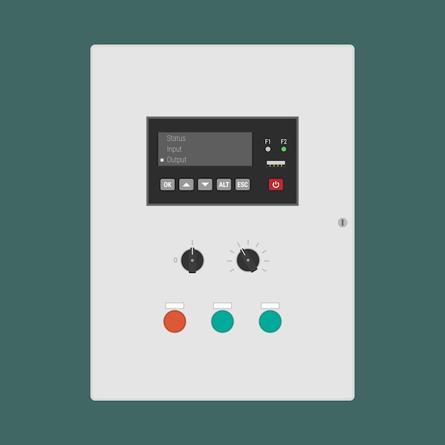 Vector panel de control industrial con controlador lógico programable y botones