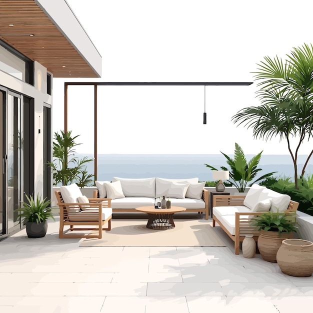 Vector un patio con un sofá y una mesa