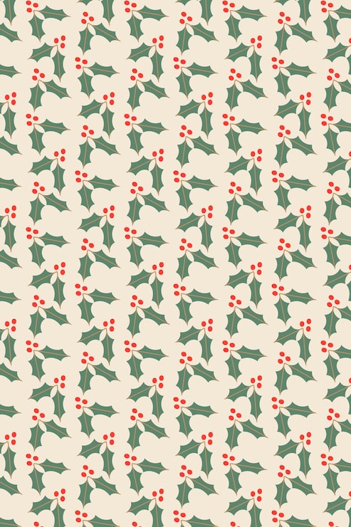 Vector patrón continuo de acebo navideño con hojas verdes y bayas rojas
